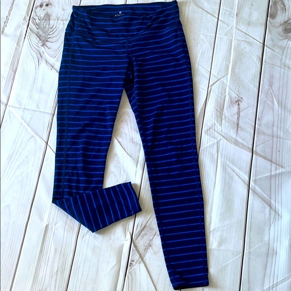 Athleta Blue & navy striped athletic leggings. - Picture 3 of 7